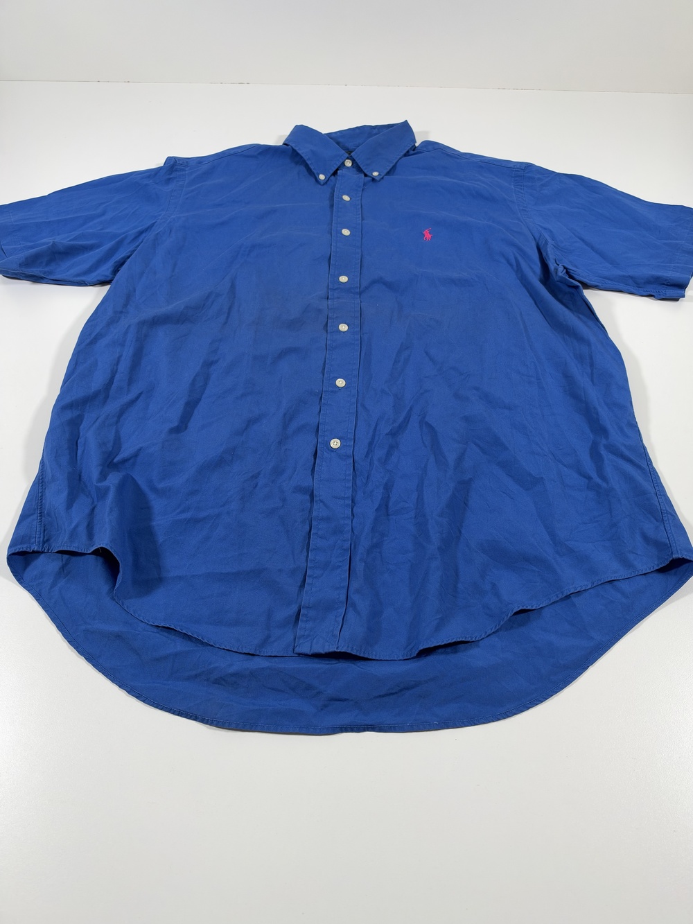 Ralph Lauren Shirt Mens XL Blue Solid Classic Fit Short Sleeve Button Down Pony